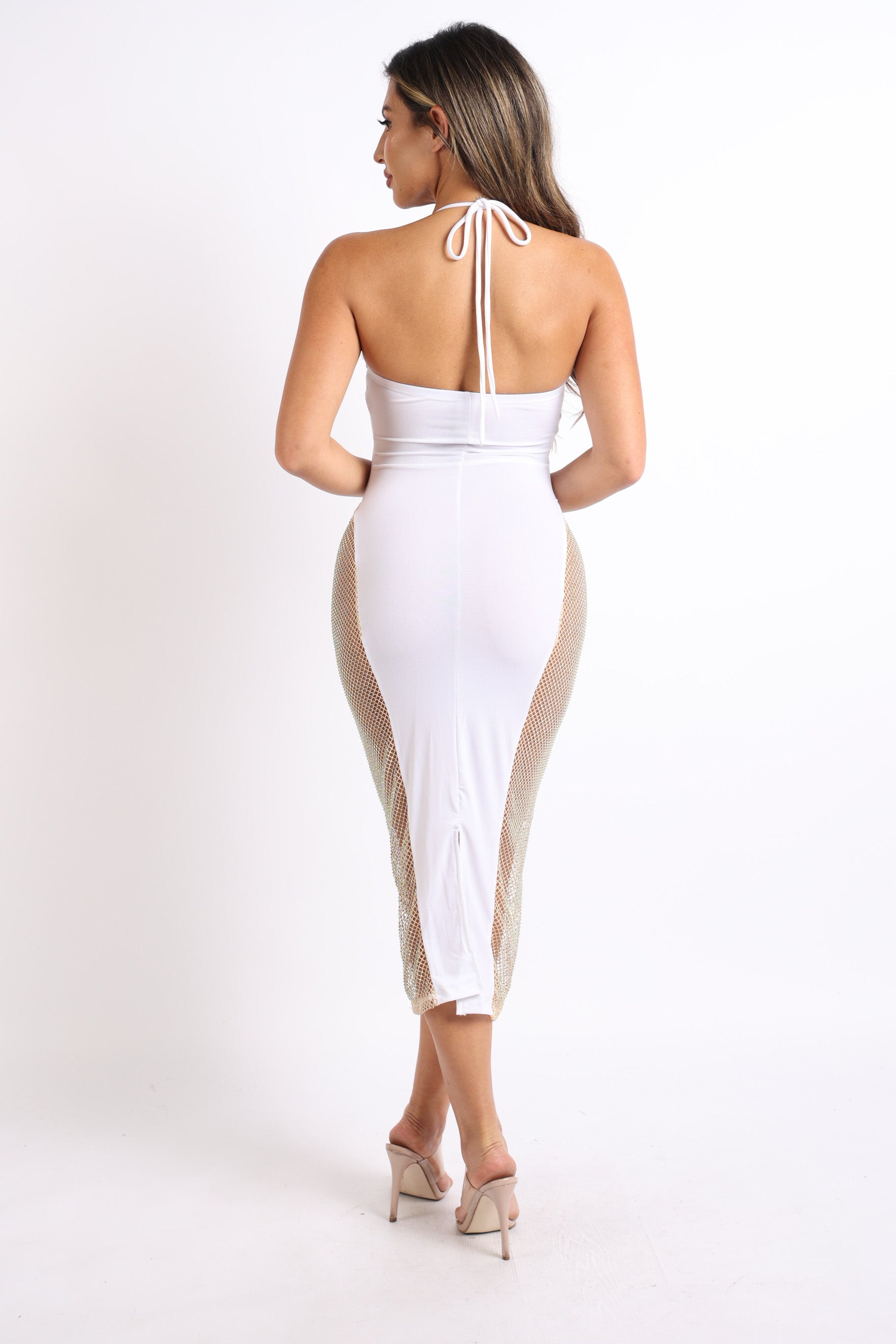 White Puce Juniper sexy cut-out rhinestone fishnet contrast clubwear dress with intricate design and bold style.
