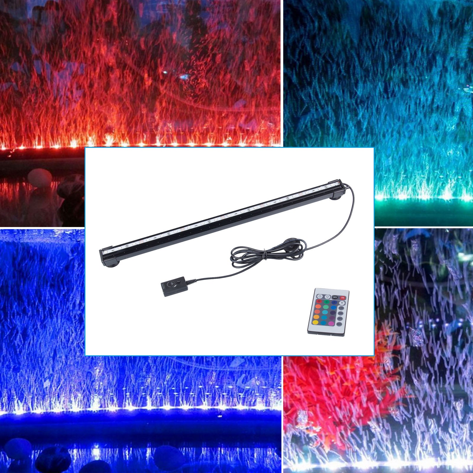 Teal Simba waterproof RGB aquarium fish tank lighting with colorful LED lights illuminating a fish tank.