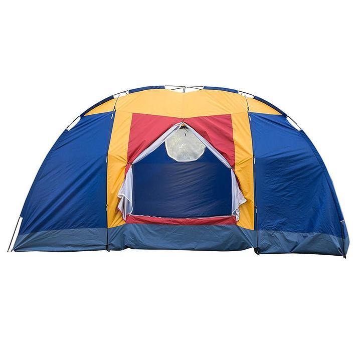 Lilac Milo outdoor 8-person camping tent set up outdoors, showing the spacious tent with rainfly and mesh windows for camping.