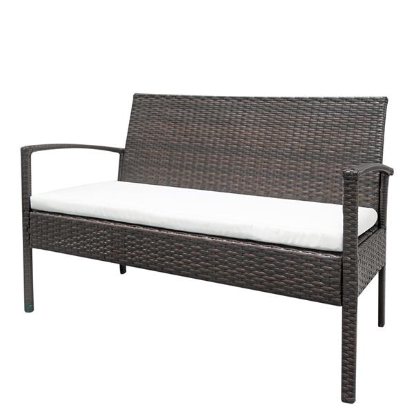 Four-piece Lilac Milo rattan patio furniture set with cushioned seats and a coffee table for outdoor lounging.
