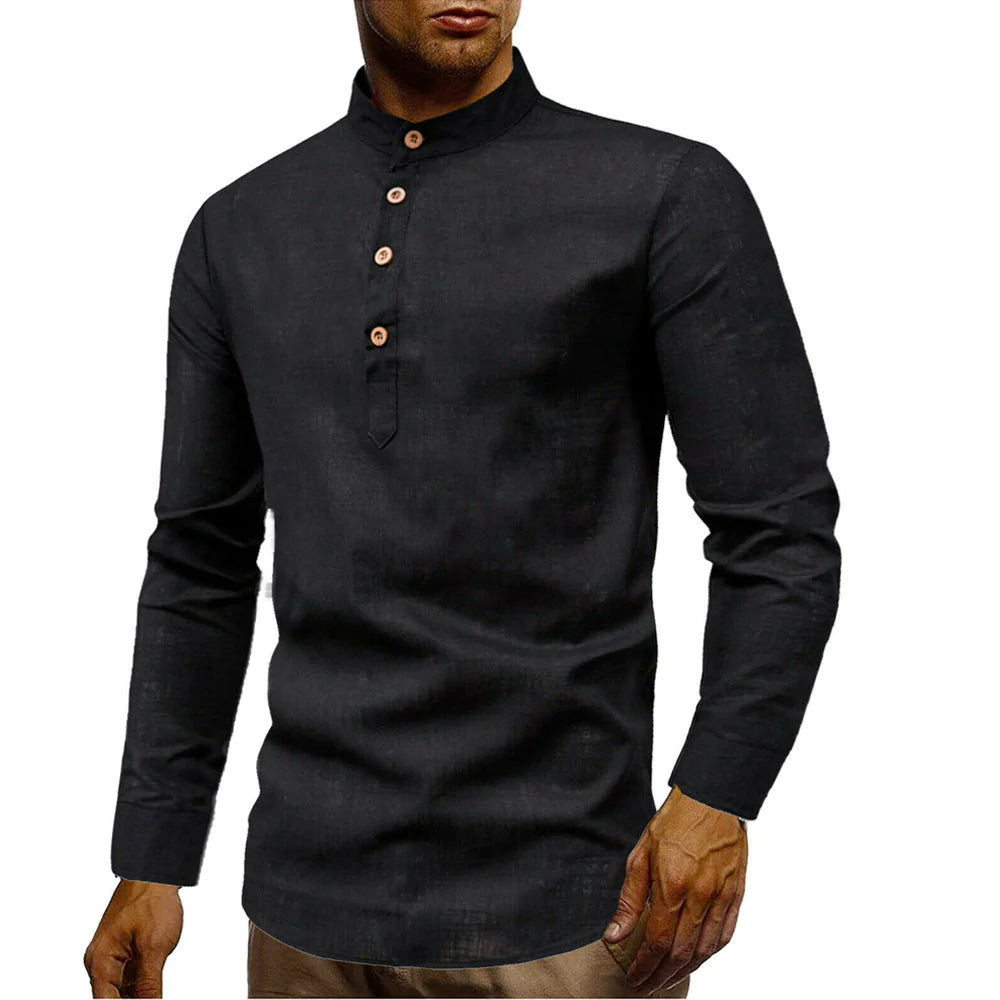 Mens linen dress shirt with stand collar by Yellow Pandora, featuring a lightweight, breathable fabric in a stylish design.