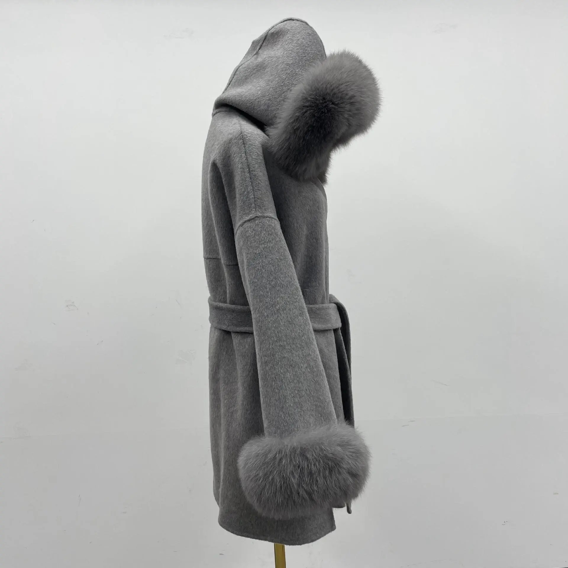 Carmine Juneberry oversized wool coat with hood, double-sided design, plush fur collar, and warm, luxurious jacket for cold weather.