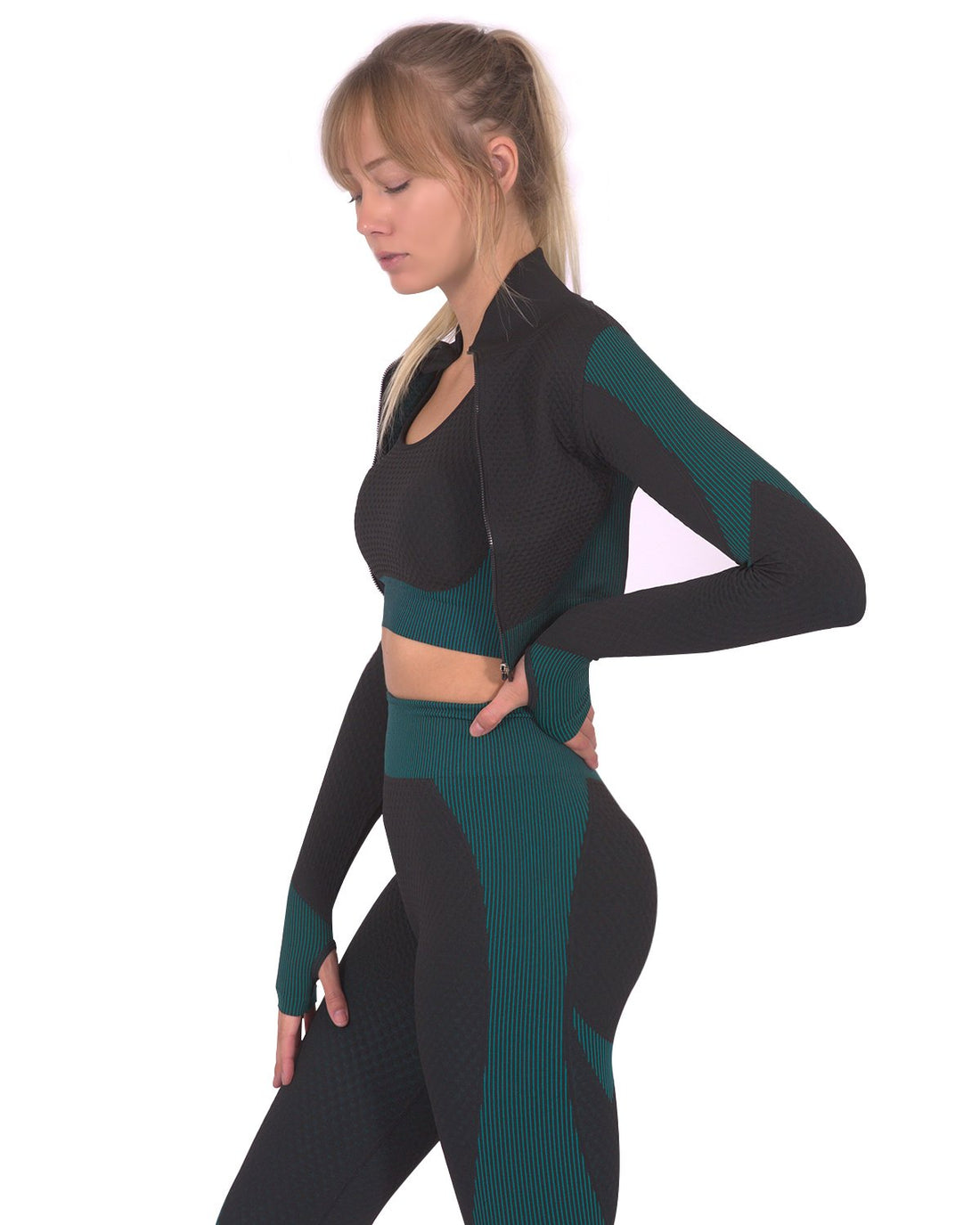 Black and blue Trois Seamless Sports Jacket by Lazurite, activewear for workouts, with a sleek, fitted design.