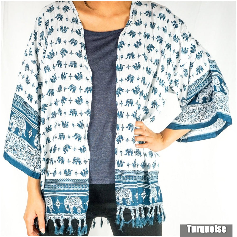 Tan Smokey elephant tribal boho kimono cover-up with intricate patterns, lightweight sweater or hoodie style, perfect for layered boho looks.