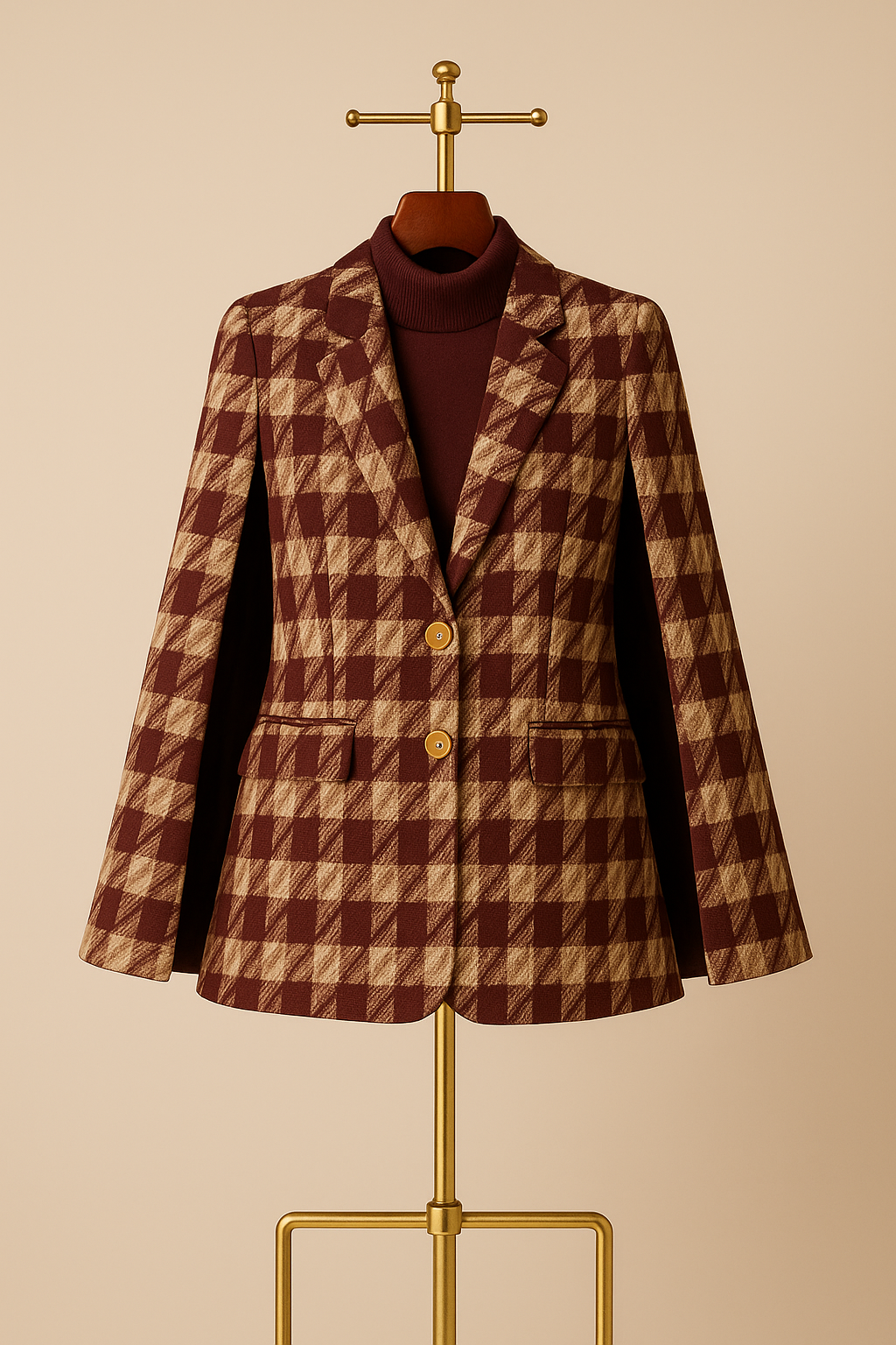 Carmine Juneberry houndstooth woolen cape coat and matching shorts, stylish jackets and coats set with classic pattern and tailored fit.