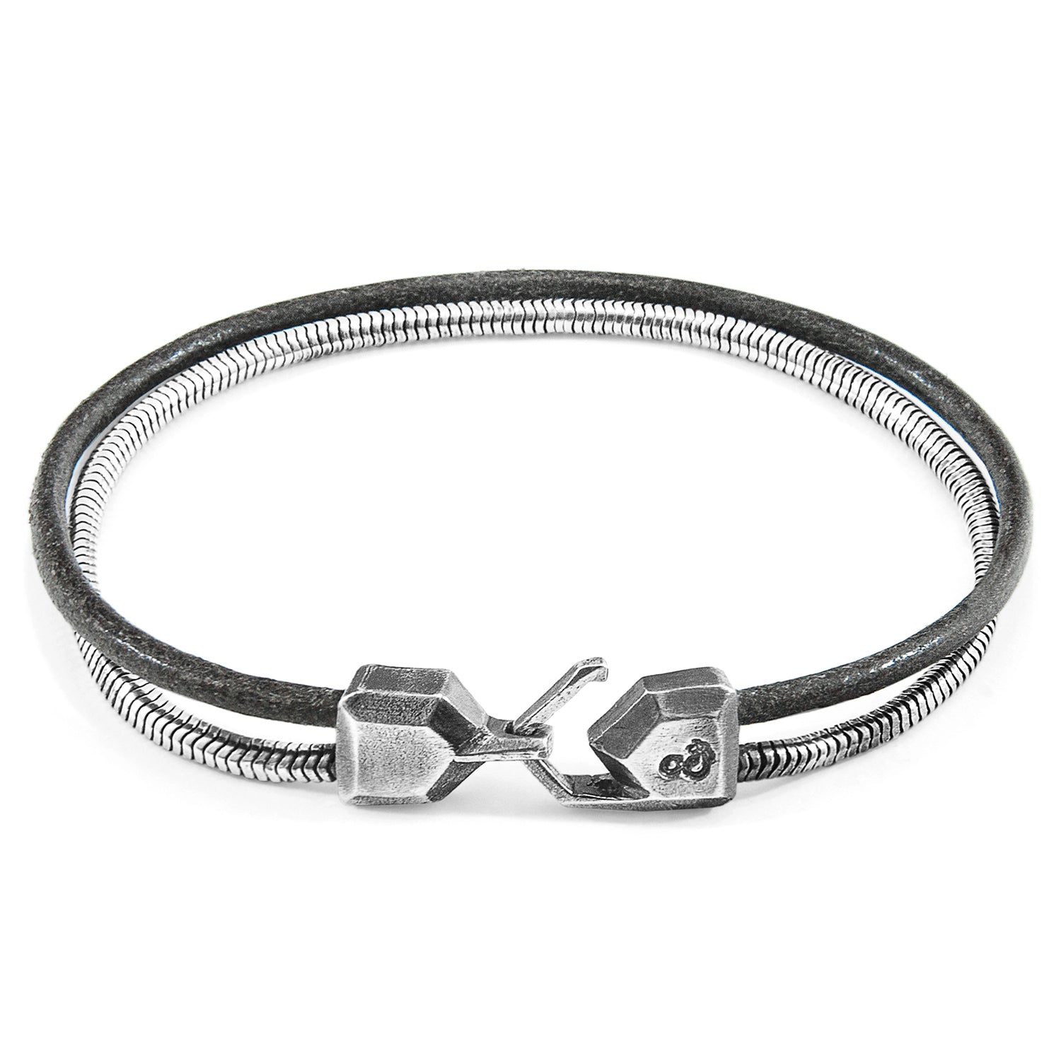Shadow grey Gallant Mast silver bracelet with round leather accents, stylish jewelry by Magenta Sooty.