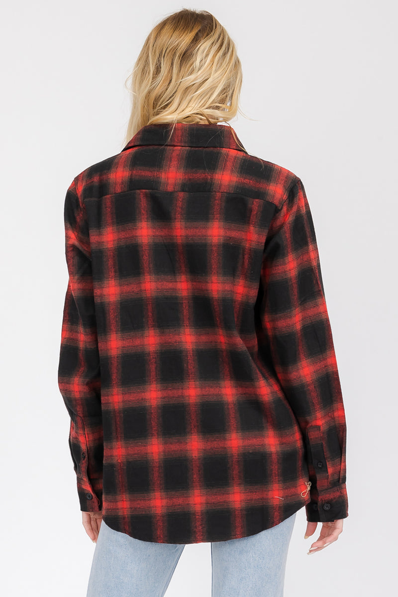 Lime Milo oversized boyfriend plaid checkered flannel top, casual blouse with a relaxed fit and classic pattern, front view.