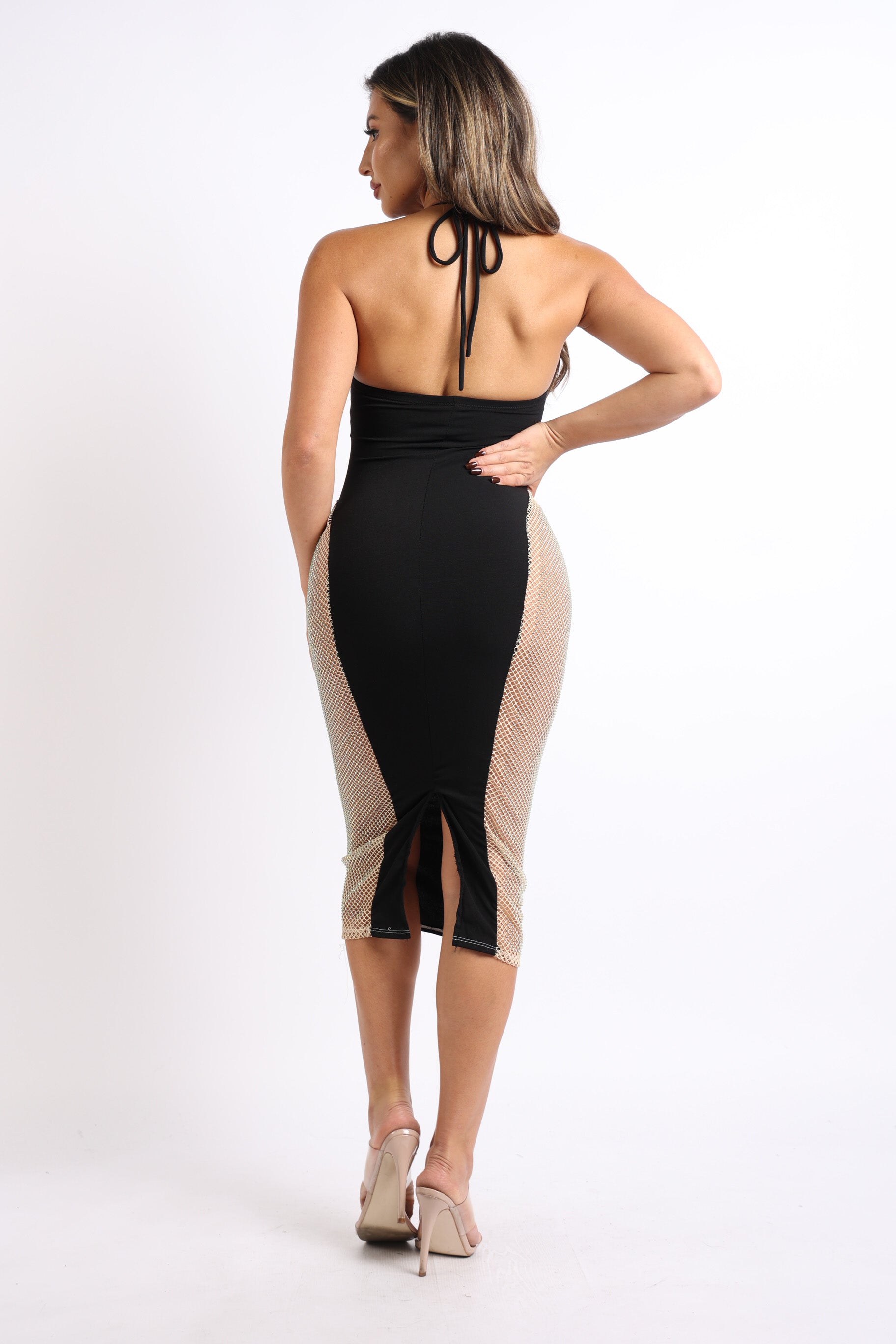 Puce Juniper black fishnet clubwear dress with cut-out rhinestones and contrast design, perfect for party or nightlife occasions.
