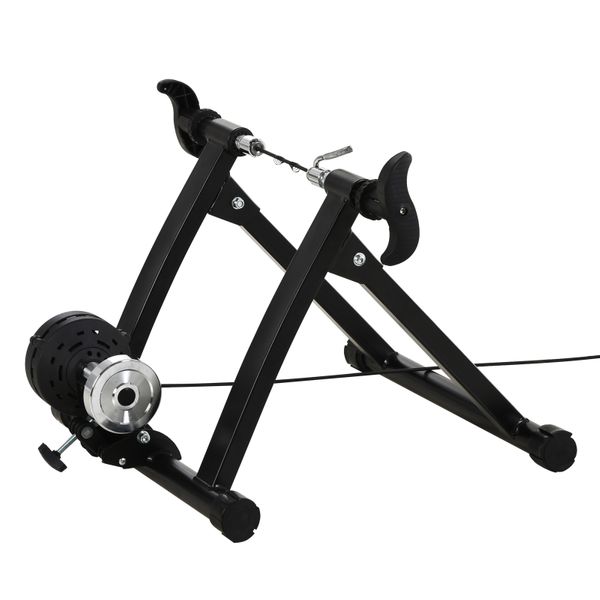 Indoor magnetic bike trainer stand by Taupe Shadow with 5-level resistance, showing the stand and resistance control dial.