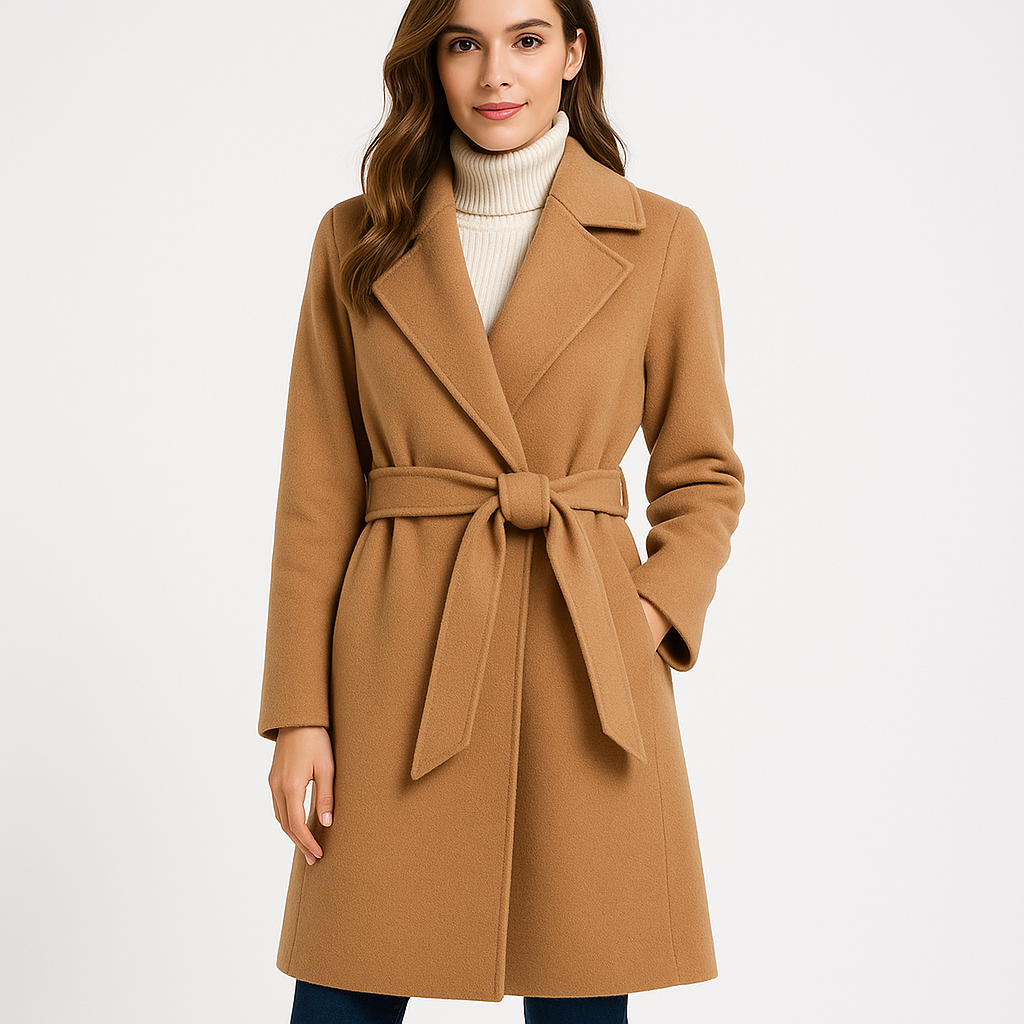 Korean wool coat for women by Carmine Juneberry, elegant autumn and winter jacket with a tailored fit and warm fabric.