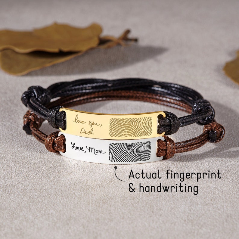 Green Millie fingerprint handwriting bracelet for men, stylish silver bracelet with engraved fingerprint design, jewelry accessory