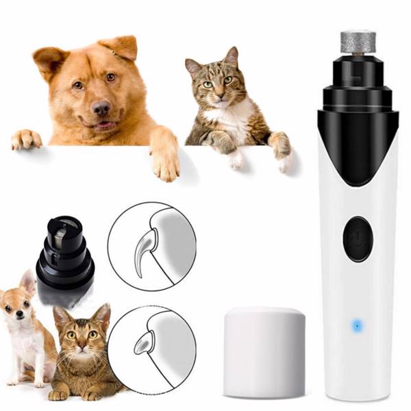 Rechargeable Teal Simba dog nail grinder with grooming trimmer and pet nail clippers, showing the device and grinding head.