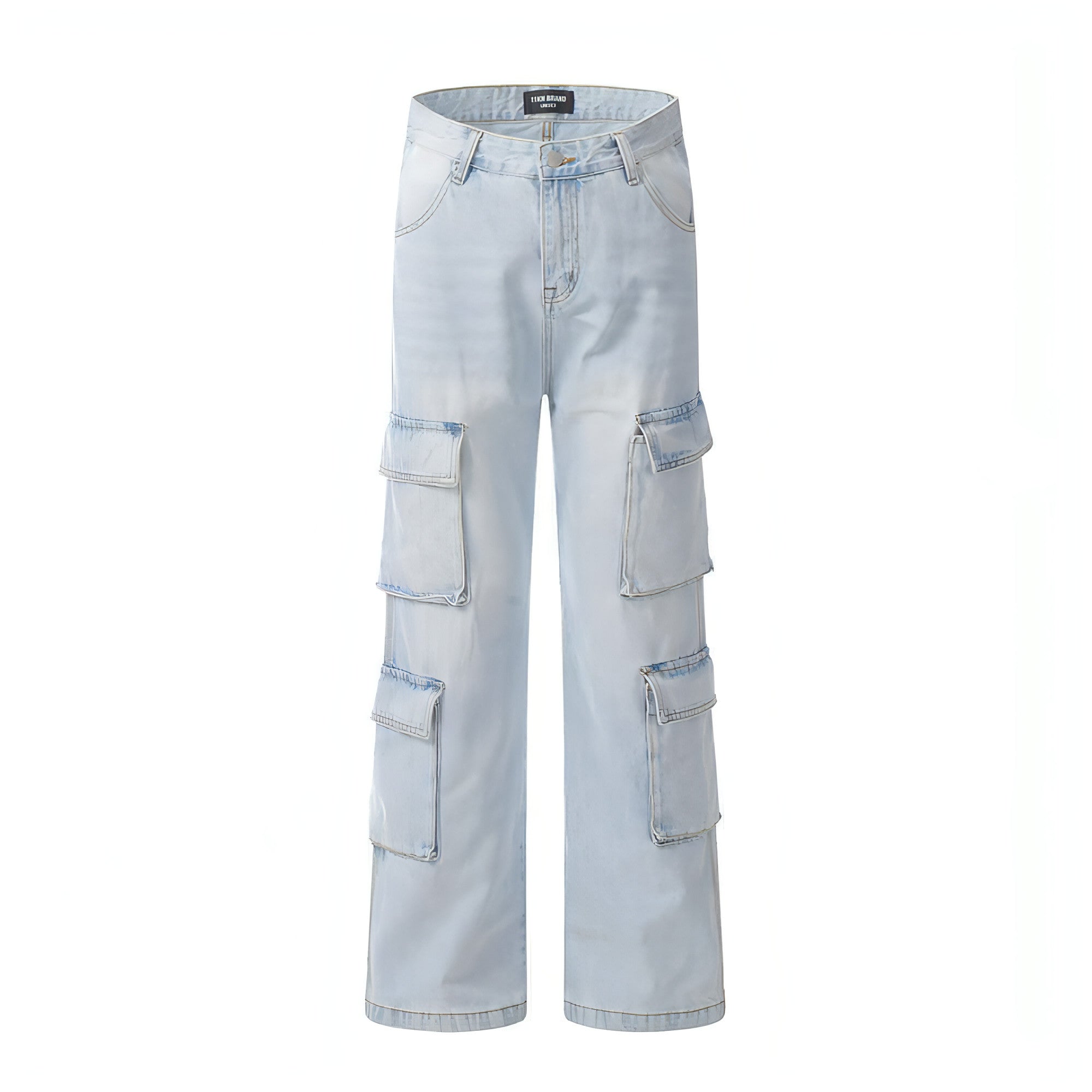 Light wash denim cargo jeans for men by Carmine Juneberry, featuring multiple pockets and a relaxed fit.
