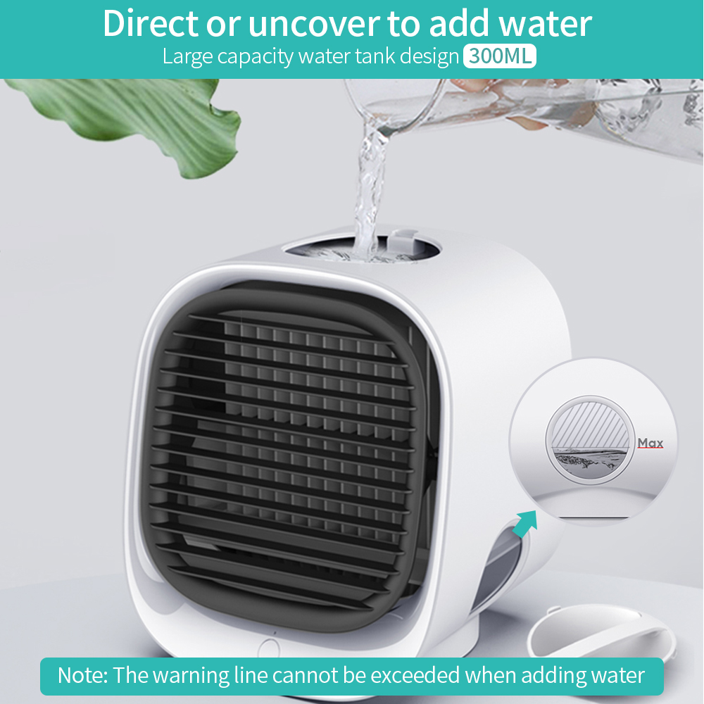 Teal Simba portable USB air cooler fan, mini desktop air conditioner for home and garden use, compact and energy-efficient.