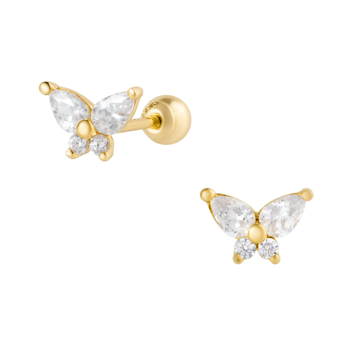 Blue Chrysippus 14K solid gold moth piercing earrings featuring detailed gold moth design on a white background.