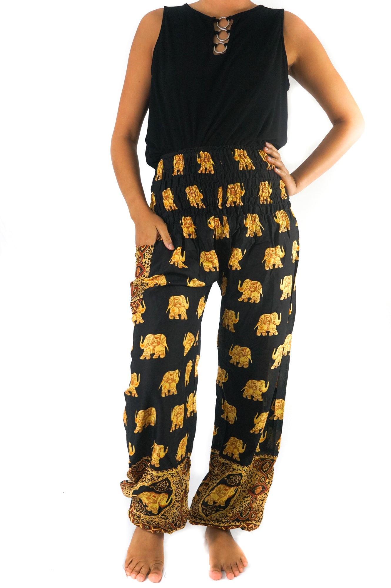 Black Elephant pants for women, boho and hippie style yoga pants from Tan Smokey, featuring relaxed fit and artistic elephant print.