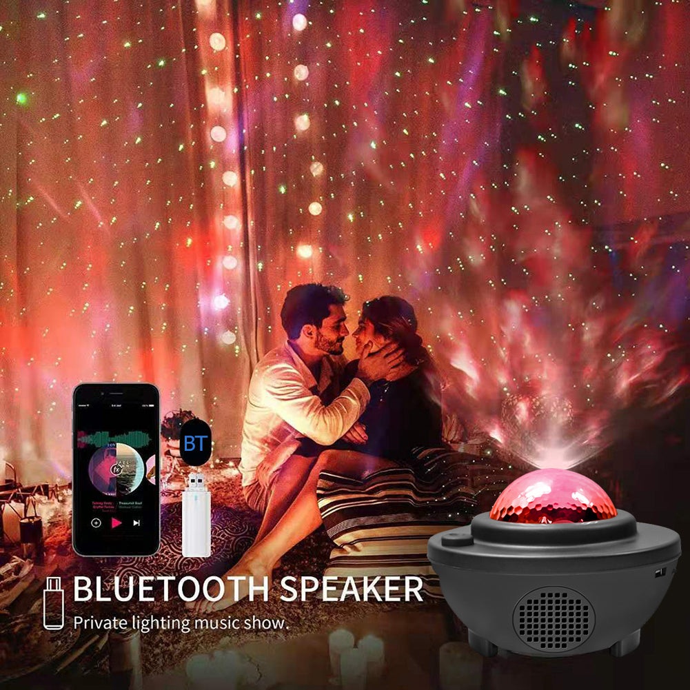Colorful Starry Sky Galaxy Projector with Bluetooth speaker by Teal Simba, displaying vibrant starry sky lighting in a dark room.
