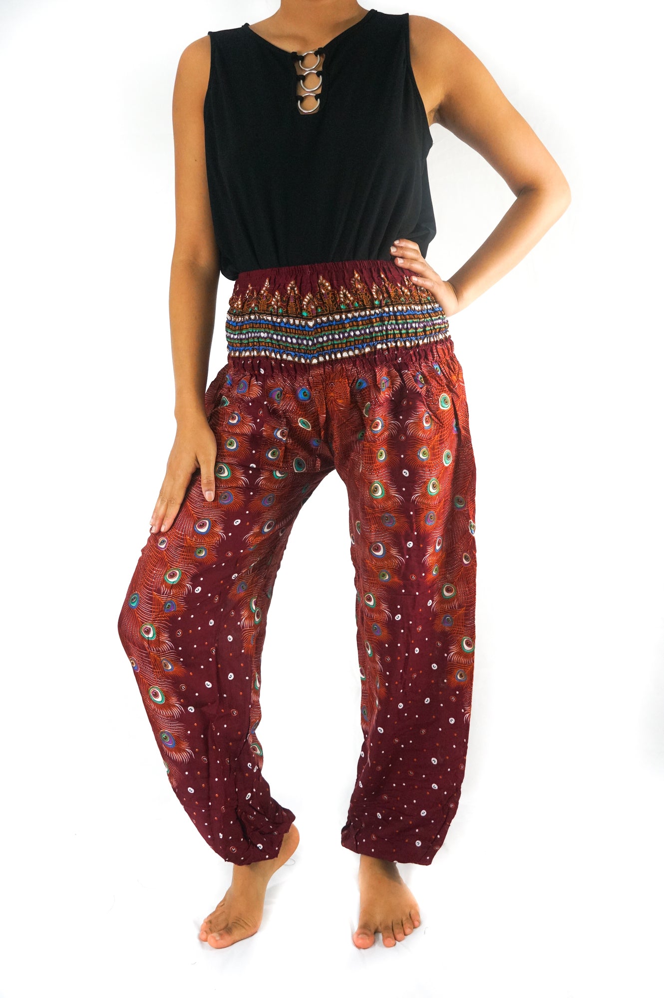 Burgundy PEACOCK women’s boho yoga pants by Tan Smokey with floral print, wide-leg hippie style, and comfortable fit.