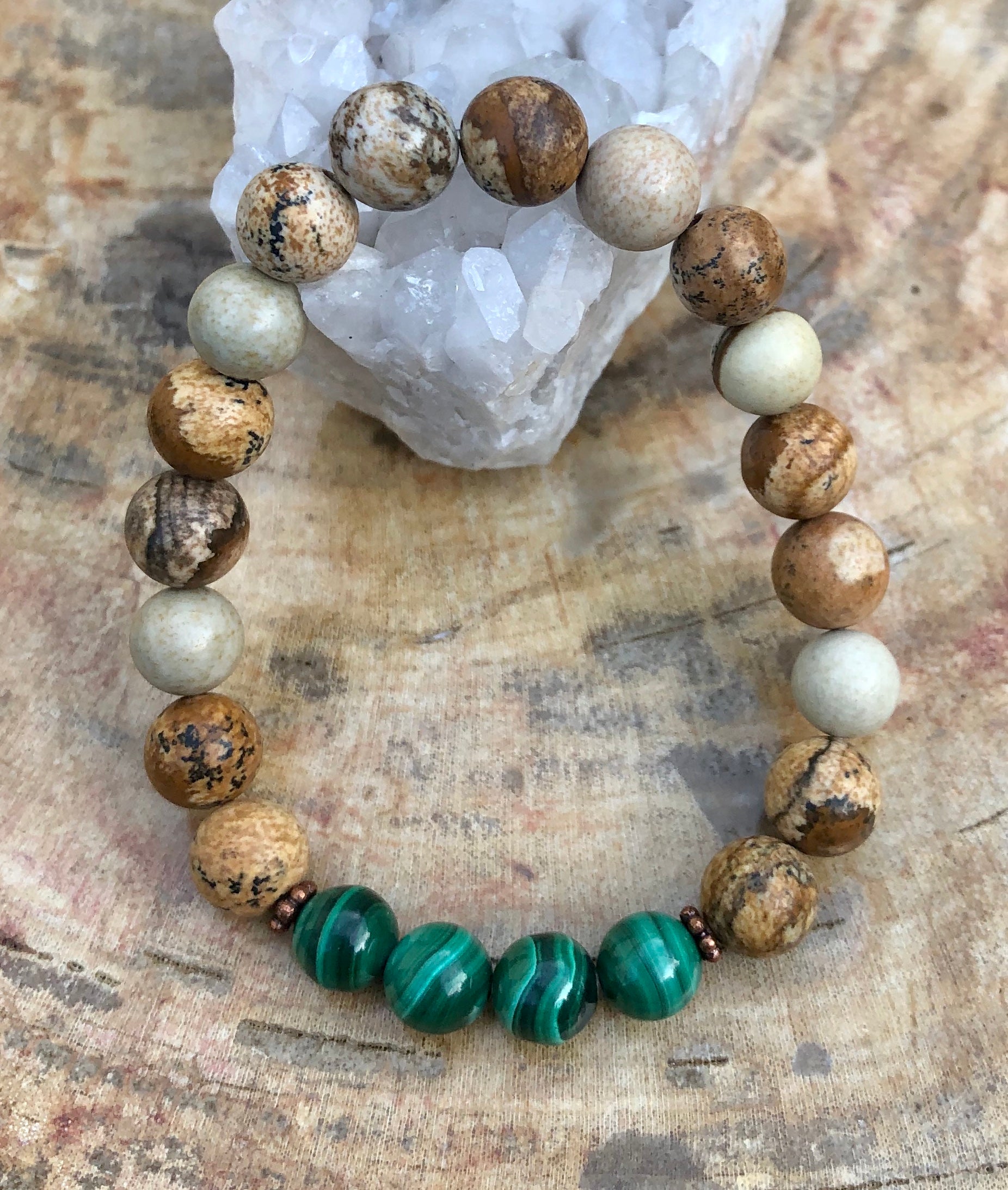 Genuine malachite and picture jasper stretch bracelet featuring vibrant green and earthy gemstone beads from Violet Chaos.