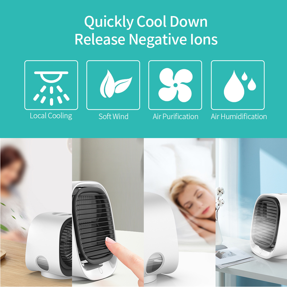 Teal Simba portable USB air cooler fan, compact mini desktop air conditioner for home and garden use, shown on a desk.