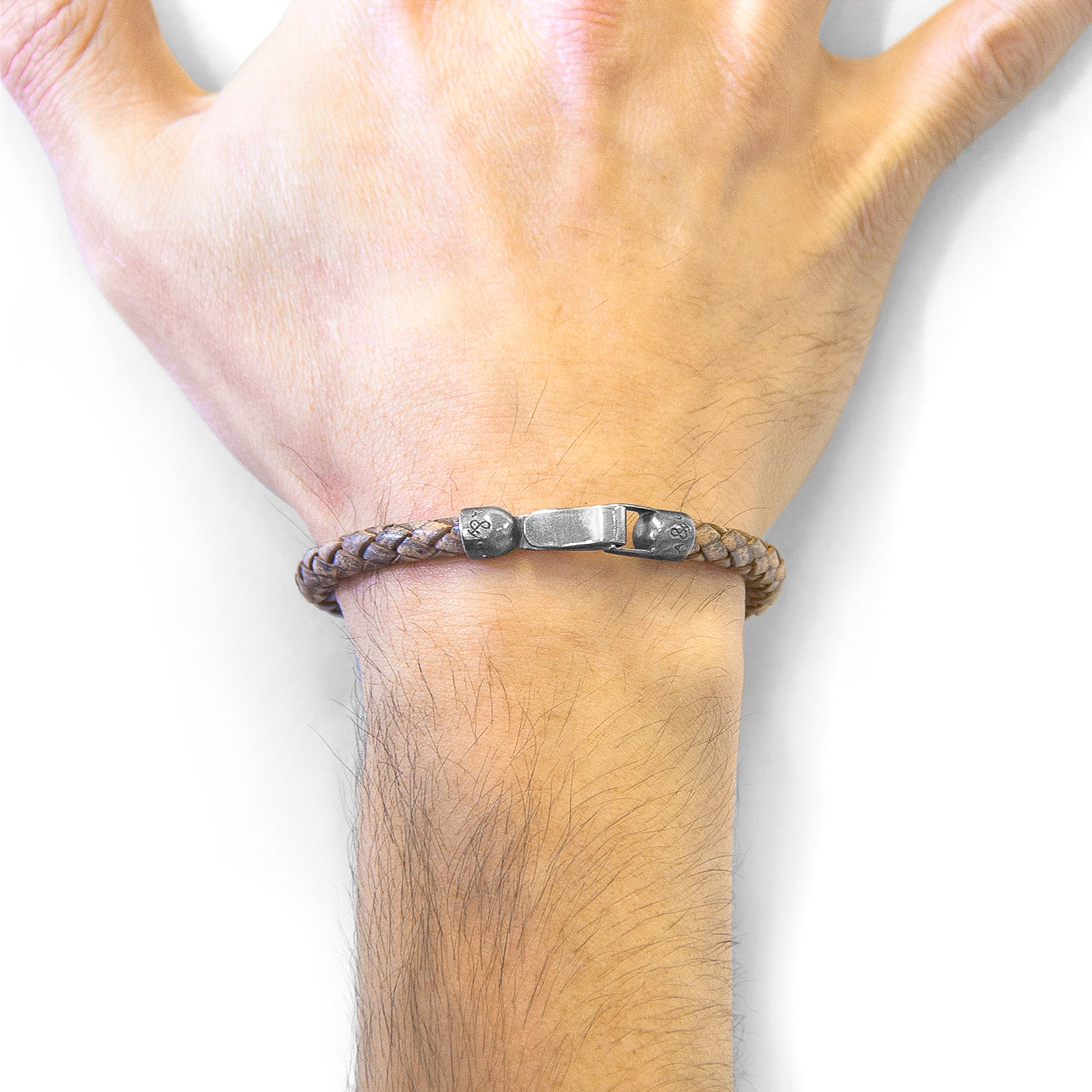 Taupe grey Skye silver and braided leather bracelet by Magenta Sooty, featuring silver accents and woven leather detail.