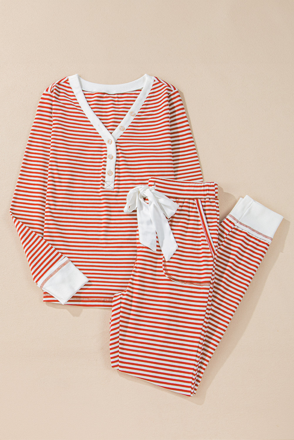 Byzantium Bay Christmas stripe top and pants lounge set featuring festive red and green stripes, comfortable matching sleepwear.