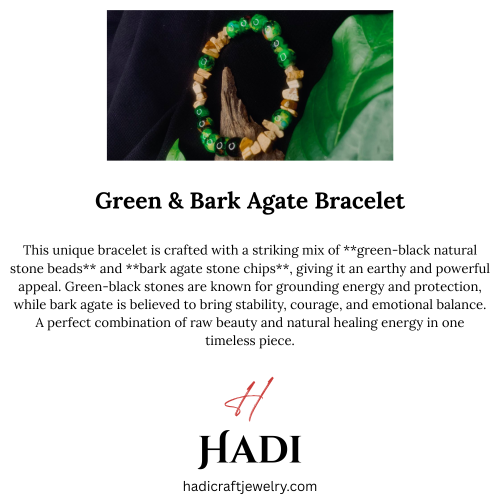 Tan Saffron Bark Agate and black green stone chip stretch bracelet with polished beads on elastic band.