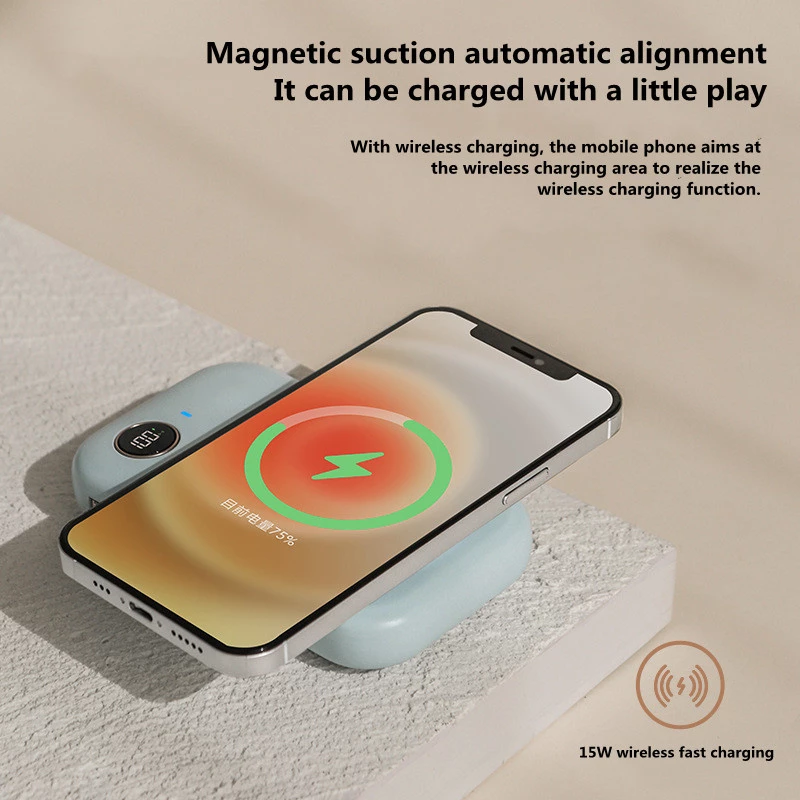 Teal Simba magnetic power bank with dual-line mini portable charger for tech accessories, shown with charging cables and compact design.