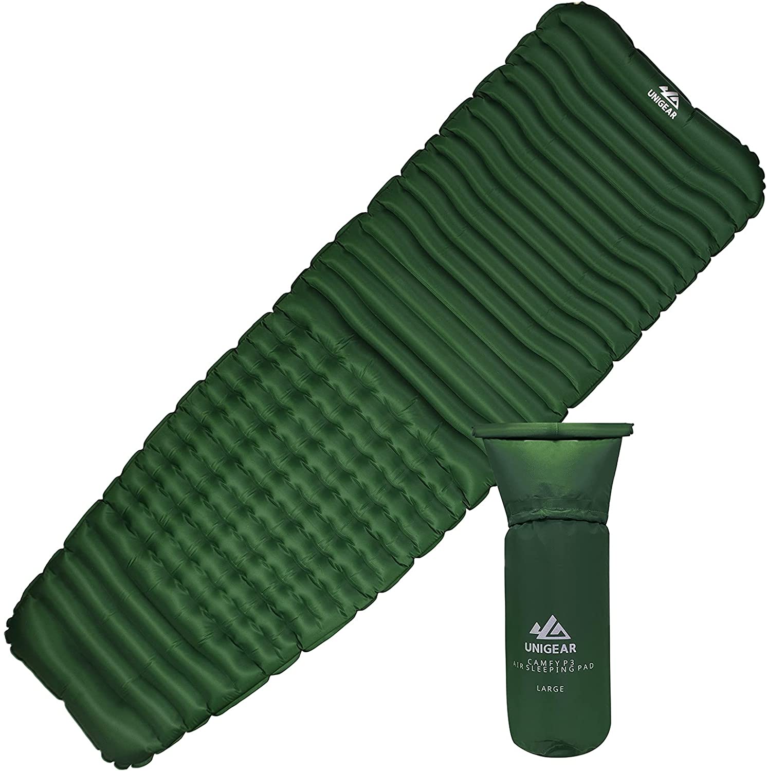 Indigo Eurybia Camfy P3 Air Sleeping Pad for camping, showing the inflatable, lightweight pad with textured surface and valve for easy inflation.