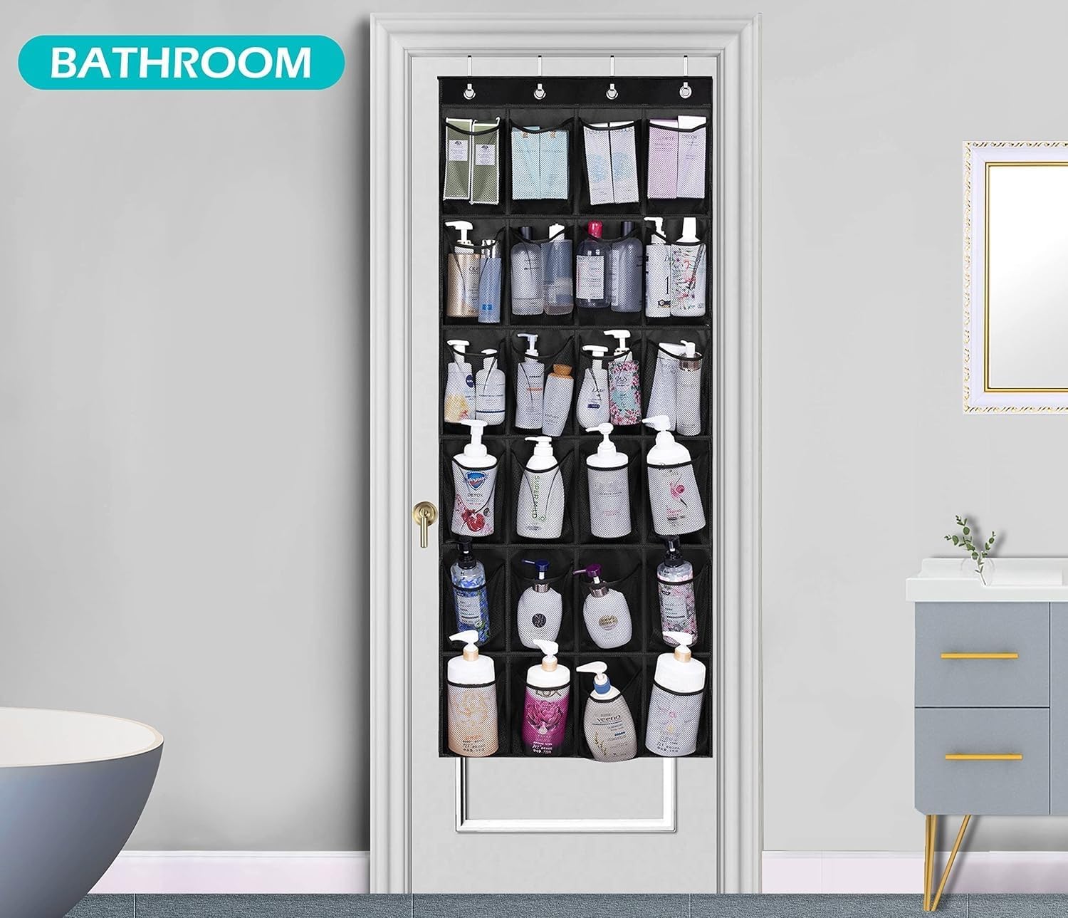 Turquoise Pandion over door shoe storage organizer with 24 pockets hanging on a door for closet organization.