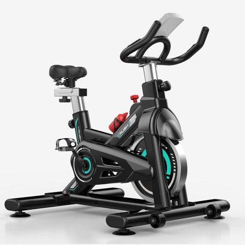 Lilac Milo indoor stationary exercise cycling bike for home use, with adjustable seat and handlebars, black and silver design.