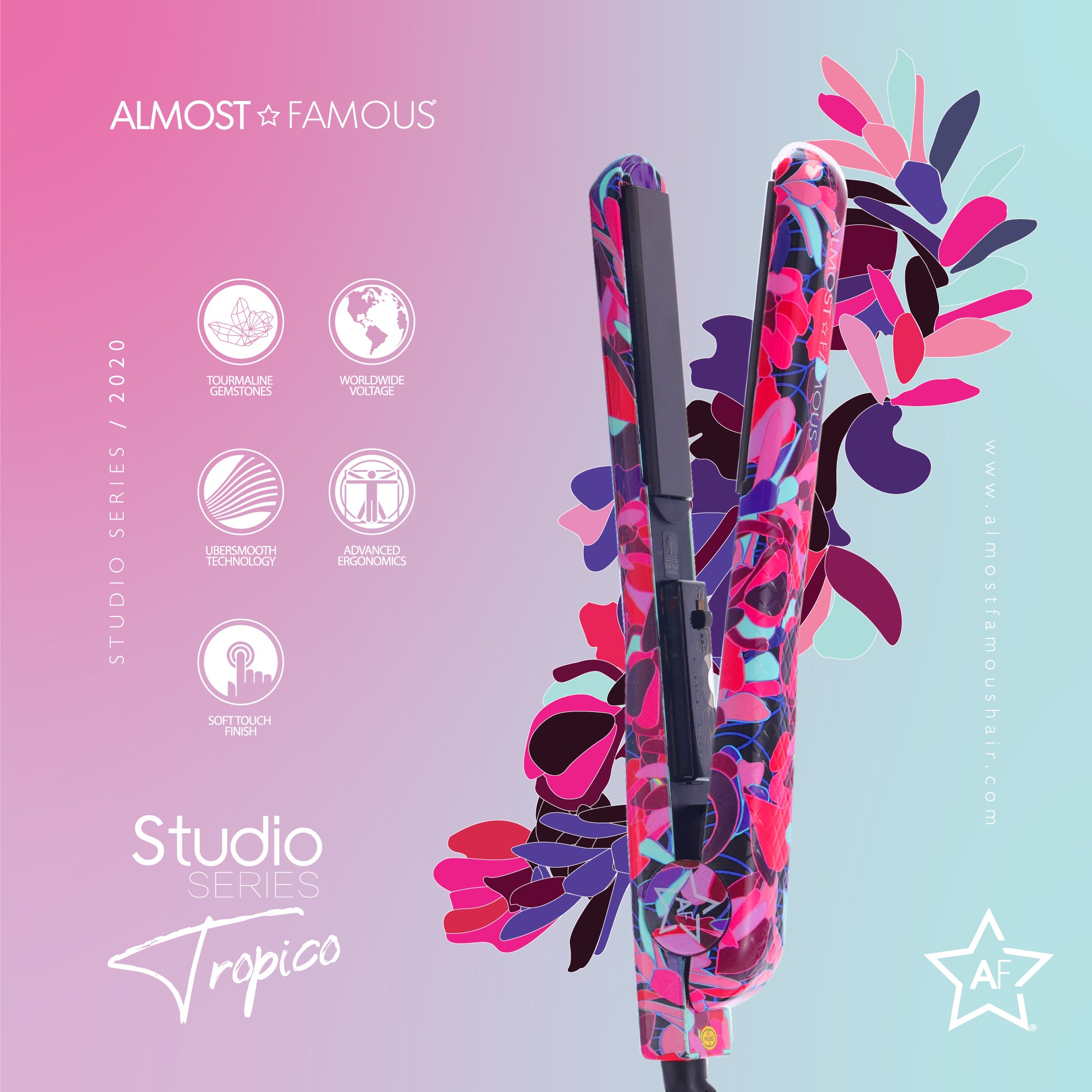 Sky Blue Thrace Almost Famous 1.25" Tropico flat iron with waterprint design for smooth, styled hair care.