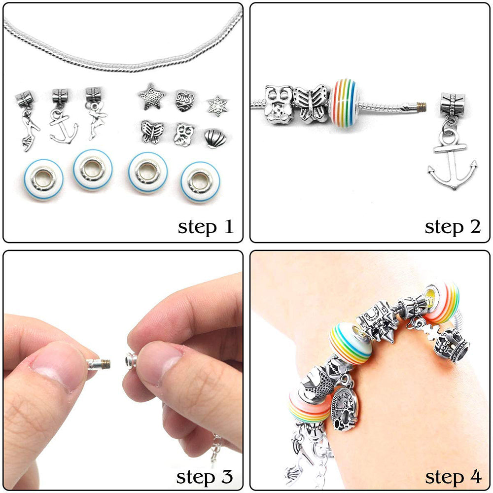 Teal Simba charm bracelet making set for girls with pendants, stones, and charms for Christmas gift crafting.