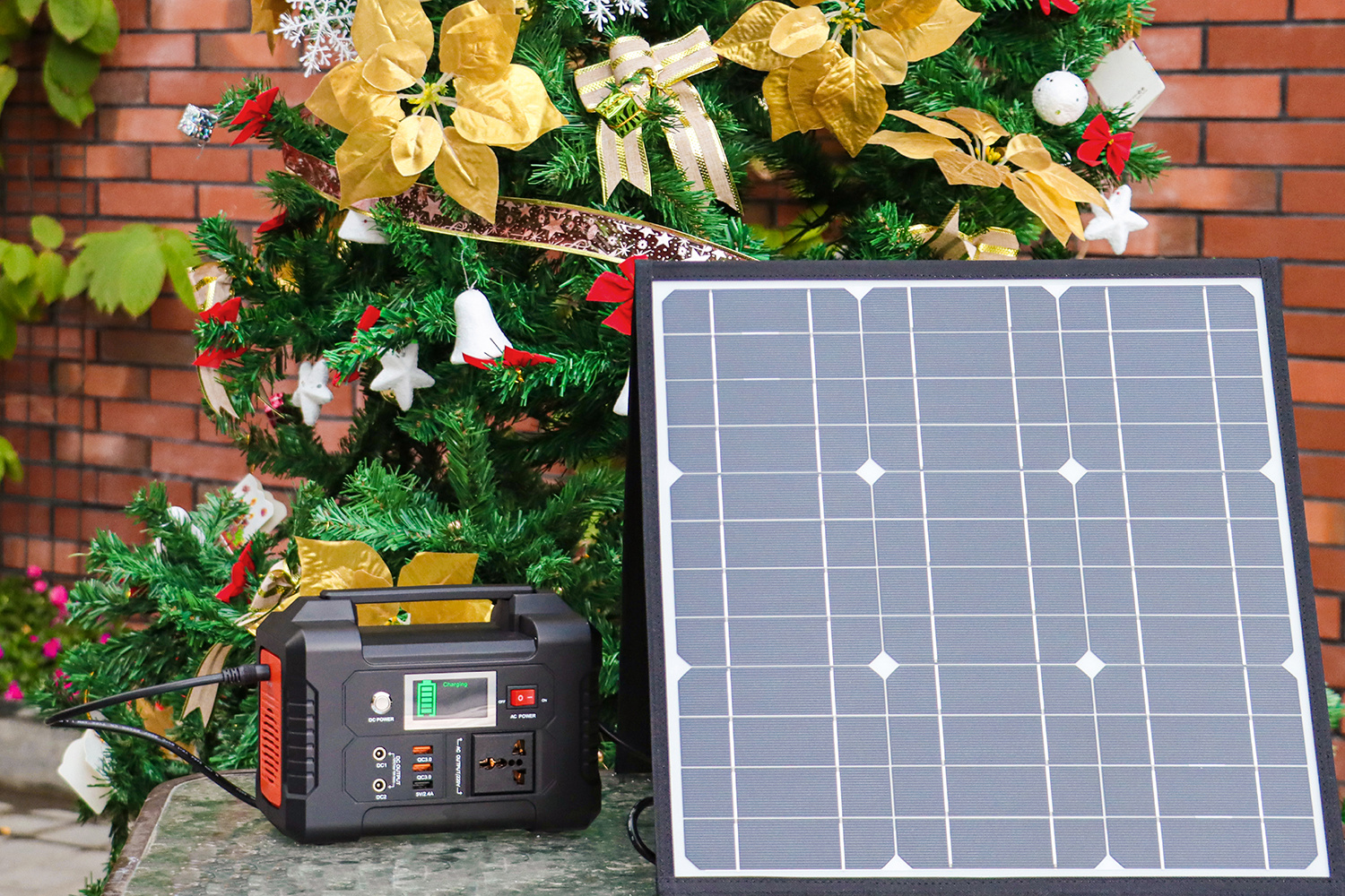 Lilac Milo 200W portable power station with 50W 18V solar panel for outdoor activities, showing the power station and solar panel in use