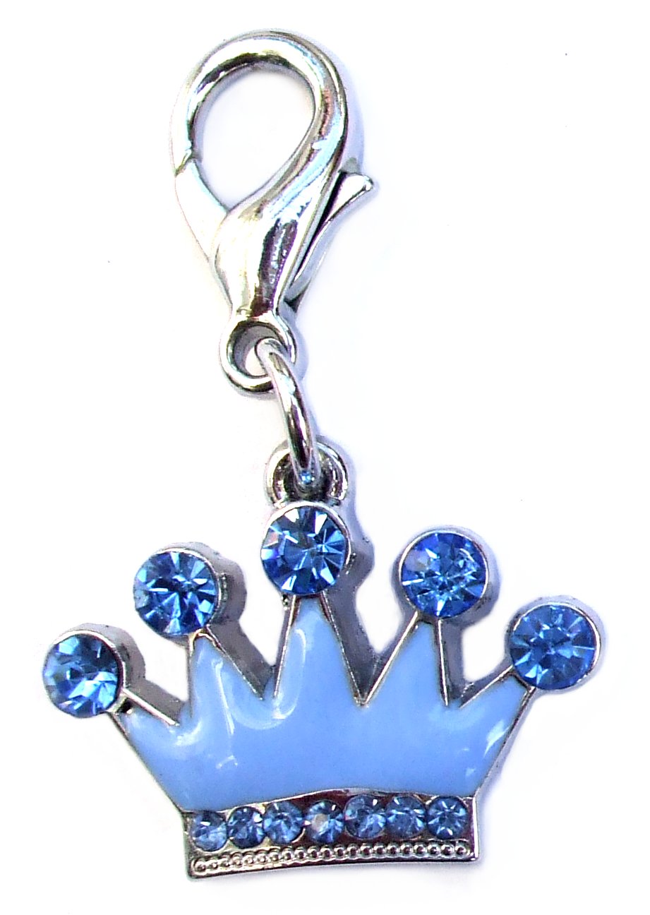 Salmon Oscar Crown Crystal and Enamel Pet Charm attached to a collar, featuring a regal crown design for dogs and cats.