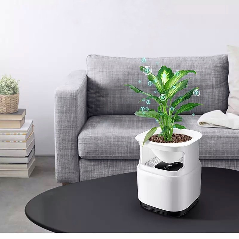 Fuchsia Molly air purifier and plant stand in a modern home setting, showcasing a sleek white air purifier next to a green potted plant.