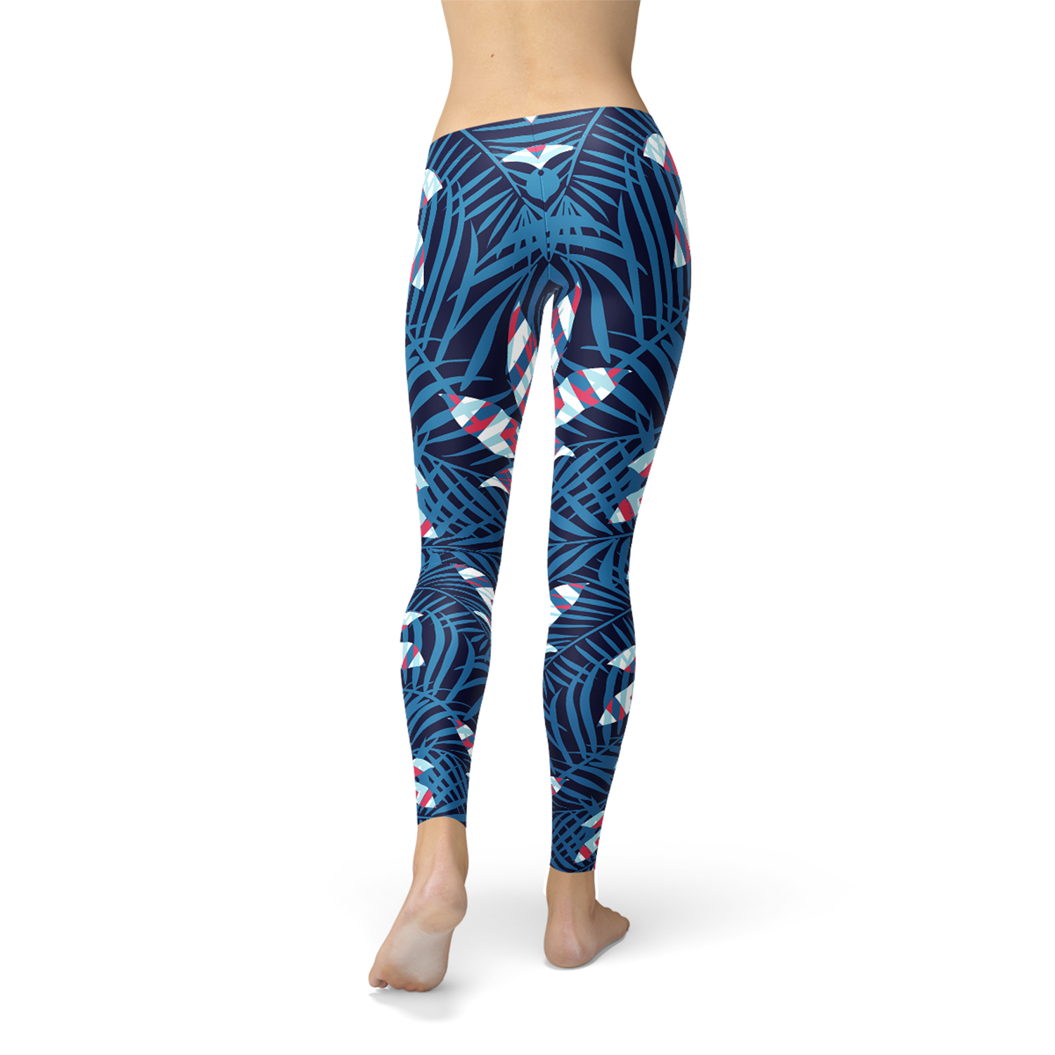 Blue tropical leaf leggings for women by Maroon Sooty, featuring vibrant leafy print and comfortable stretch fabric.