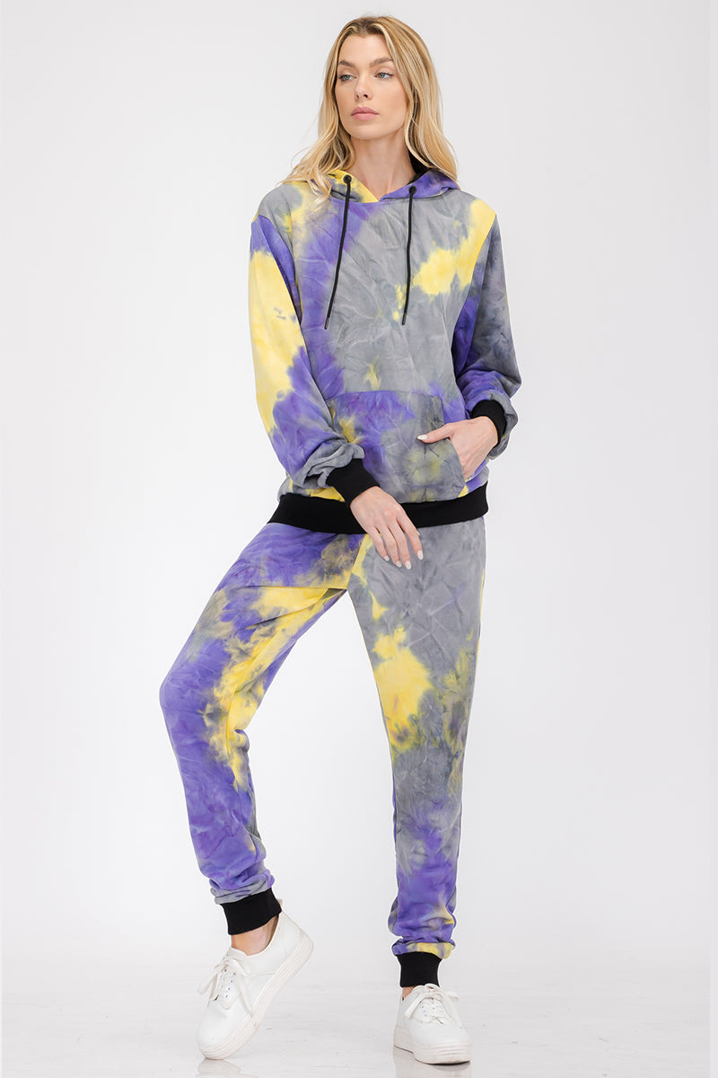 Women’s cotton tie-dye lounge wear sweat set by Lime Milo, featuring a comfortable matching top and bottom in vibrant tie-dye pattern.