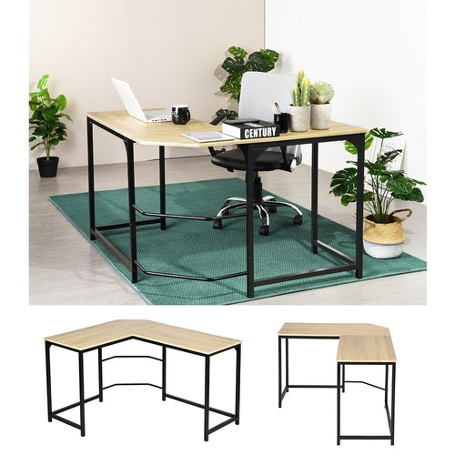 Teal Simba L-shaped computer desk with wood finish, designed for home office use, featuring spacious surface for PC and laptop.