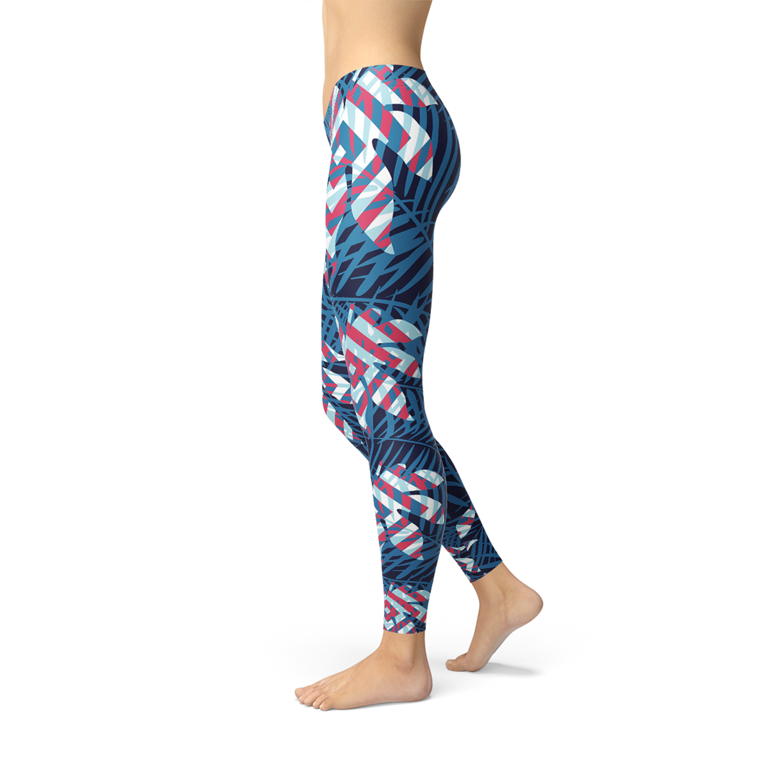 Maroon Sooty blue tropical leaf leggings for women, featuring vibrant leaf print and comfortable stretchy fabric.