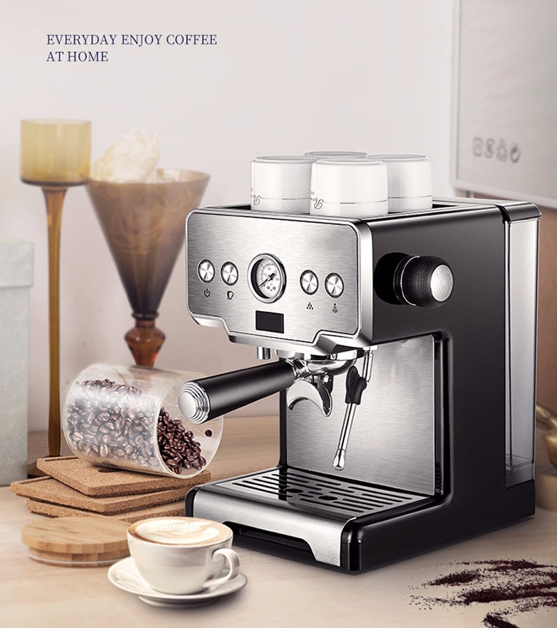 Stainless steel Teal Simba espresso coffee maker for home use, Italian-style coffee machine with sleek design and compact size.