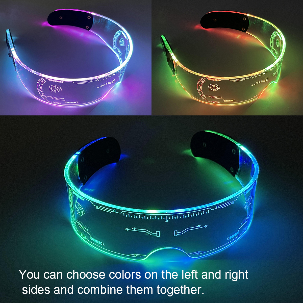 Lilac Milo cyberpunk LED goggles with 7 color luminous LED glasses, futuristic tech accessories for stylish illumination.