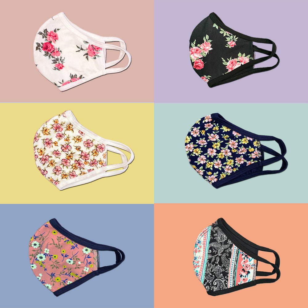Pack of 25 Indigo Arrowwood washable floral fabric face masks, reusable scarves and bandanas with colorful flower patterns.