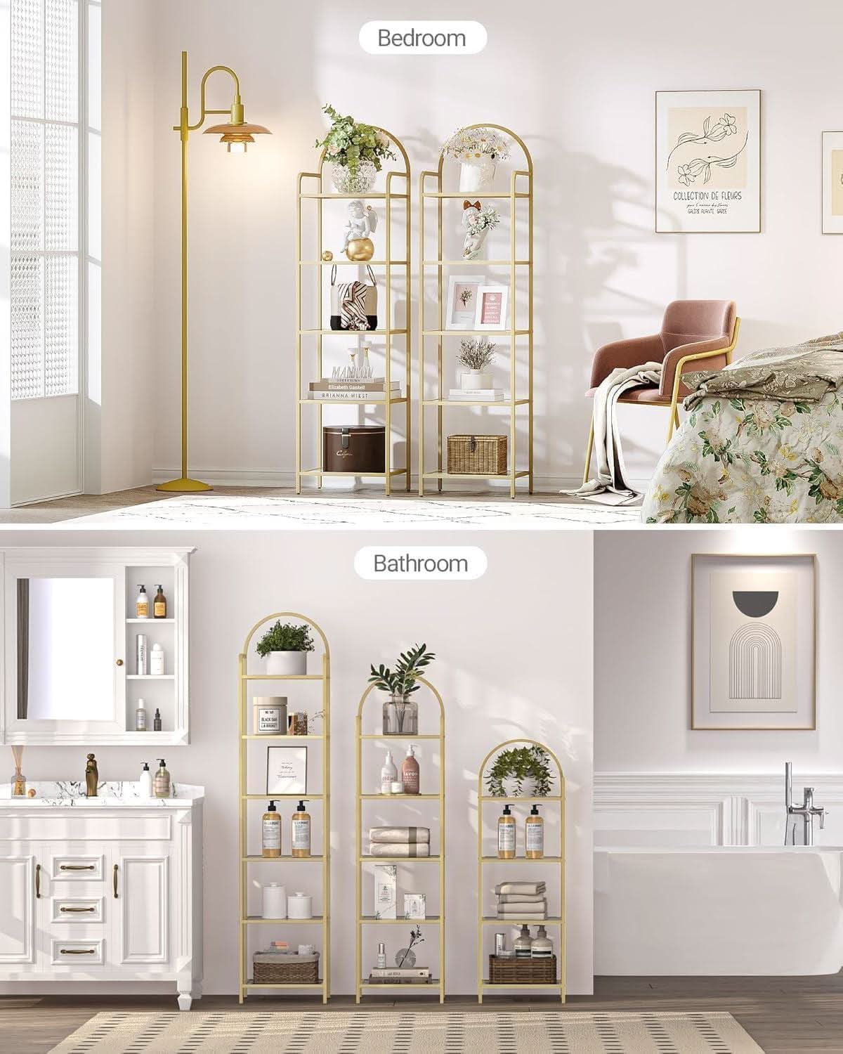 Five Tier Premium Tempered Glass Bookshelf Goldtone Frame