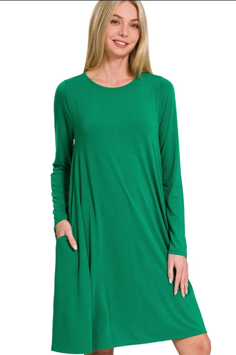 Automotive Jade Icarus Zenana long sleeve flare dress with pockets, featuring a stylish design and comfortable fit.