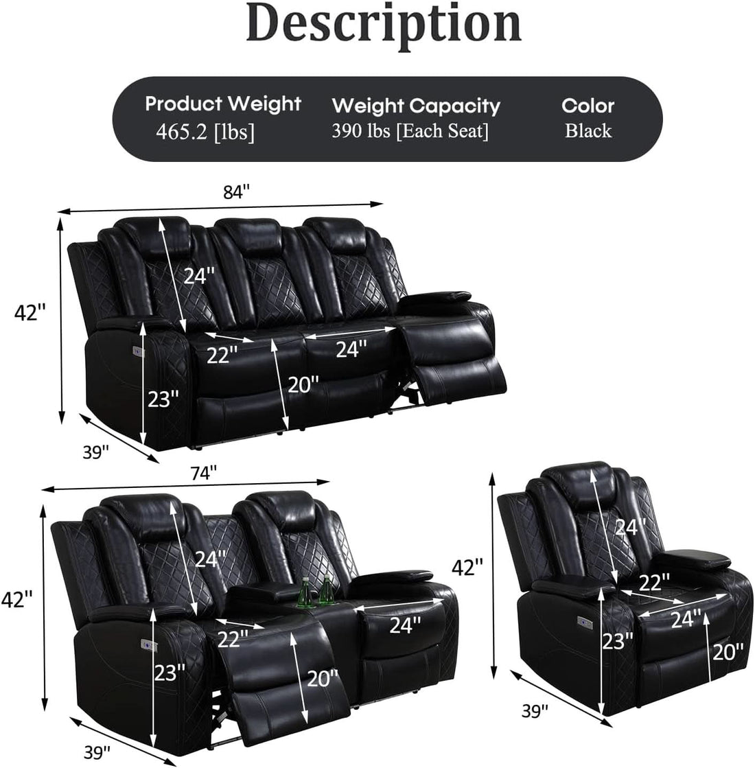 Black Leather Power Recliner Sofa Set With USB Ports