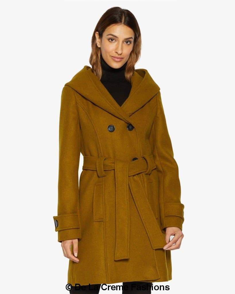 Rose Eleusis slim fit shawl hooded coat with double-breasted design and belt, stylish women&