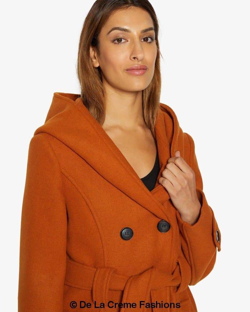 Rose Eleusis Slim Fit Shawl Hooded Coat, double-breasted design with belt, stylish women&