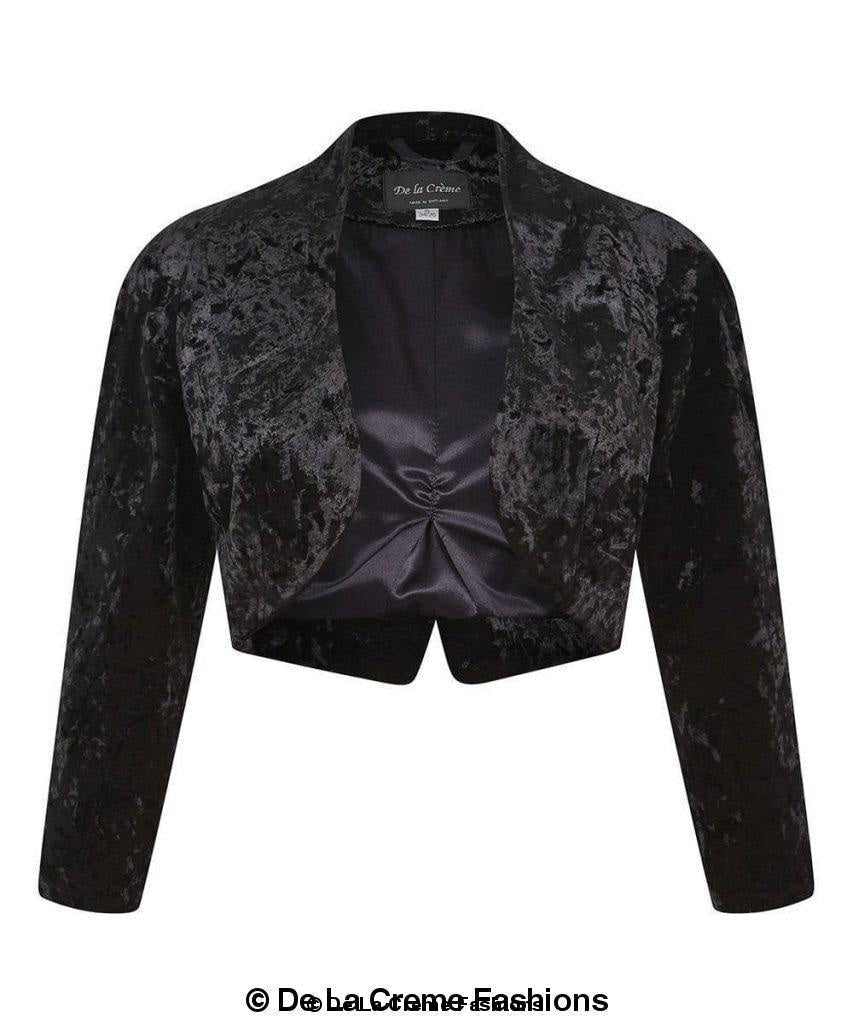 Open front black velvet bolero shrug top for women by Rose Eleusis, showcasing its elegant open-front design.