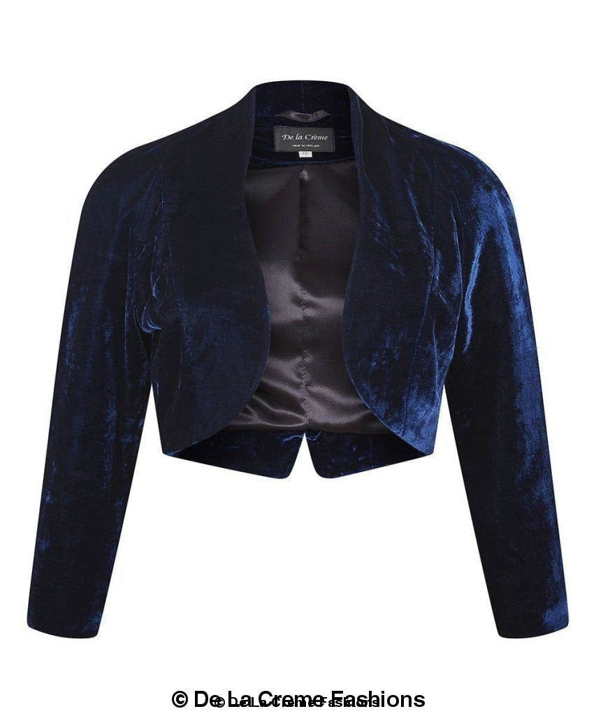 Navy open-front velvet bolero shrug jacket for women by Rose Eleusis, featuring a soft, luxurious fabric and stylish design.